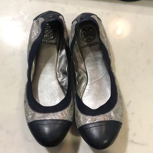 Tory Burch Navy and Silver Flats